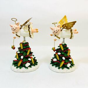 SET OF 2 Hand Painted Resin Christmas Tree with Piggy Angel Bobblehead Topper